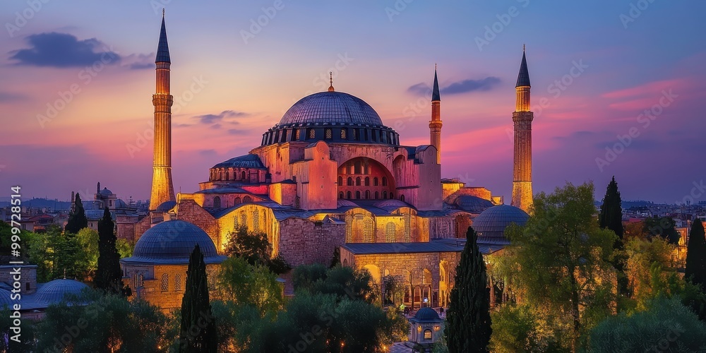 Obraz premium A stunning view of a historic mosque at sunset, showcasing its architectural beauty.