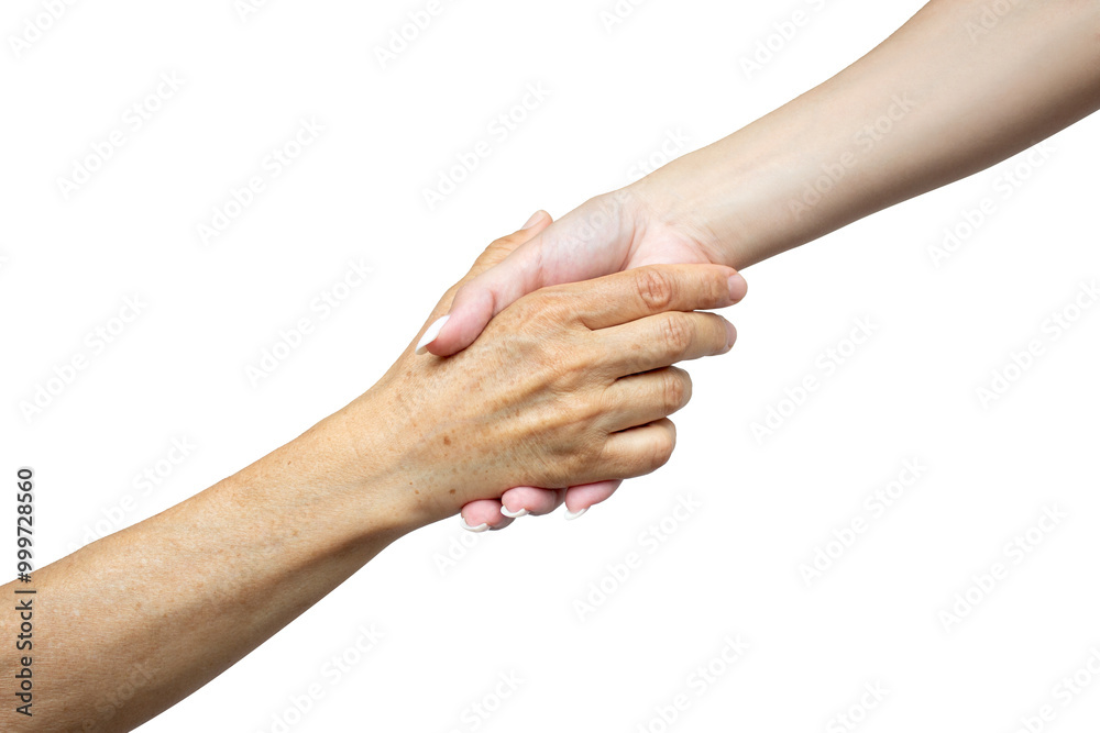 The hand of a young girl holds the hand of an elderly woman, isolated on a white background. The concept of caring for retired parents. Helping hand. Support for people with aging diseases The hand of a young girl holds the hand of an elderly woman, isolated on a white background. The concept of caring for retired parents. Helping hand. Support for people with aging diseases