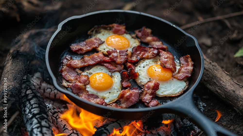 Fototapeta premium W lesie, na ognisku, przygotowano śniadanie z jajek sadzonych i chrupiącego boczku w żeliwnej patelni, co dodaje smaku i aromatu do kempingowych chwil.