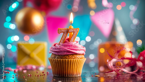 Birthday cupcake with burning lit candle with number 77. Number seventy-seven for seventy-seven years or seventy-seventh anniversary. photo