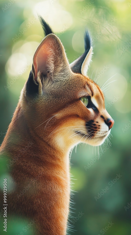 Naklejka premium Close-up of a caracal cat with lush greenery in the background, nature photography concept