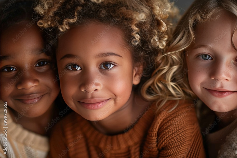 Closeup of three young children, two girls and one boy with dark skin tone in the middle looking into camera smiling Closeup of three young children, two girls and one boy with dark skin tone in the middle looking into camera smiling