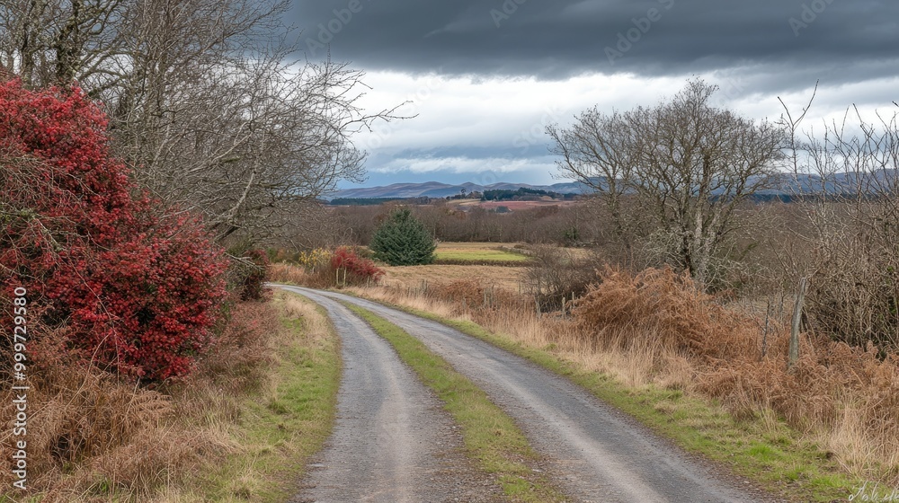 Fototapeta premium A winding road through a serene landscape with trees and distant hills under a cloudy sky.