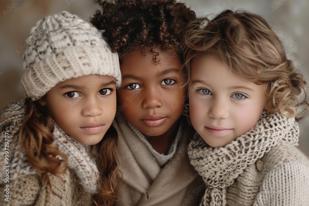 Closeup of three young children, two girls and one boy with dark skin tone in the middle of them is a white girl with curly blonde hair