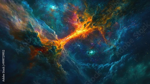 A vibrant cosmic scene depicting swirling clouds and bright celestial elements.