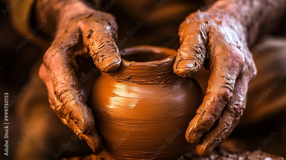 Closeup of a potter's hands shaping a clay pot on a pottery wheel. Closeup of a potter's hands shaping a clay pot on a pottery wheel.