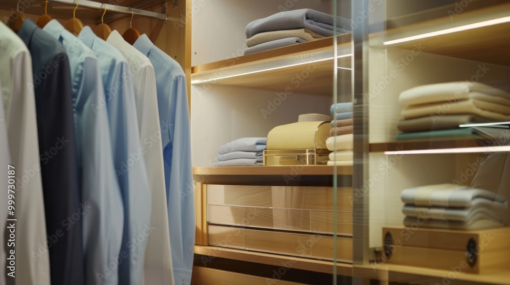 Well-Organized Closet with Folded Clothes and Shirts Hanging on Hangers Well-Organized Closet with Folded Clothes and Shirts Hanging on Hangers