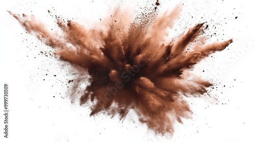 Brown powder explosion against white background, dynamic burst. Abstract art and motion concept