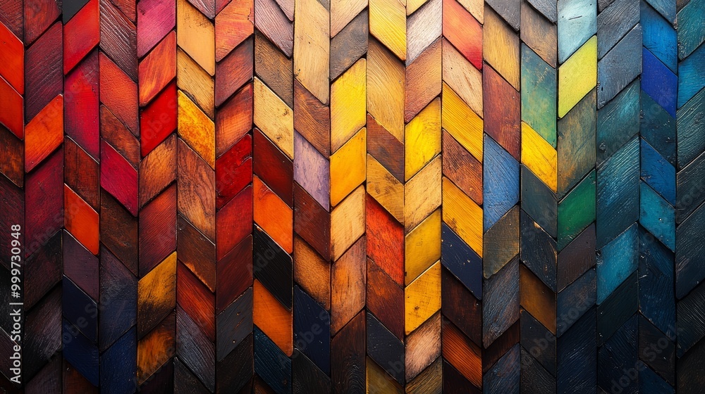 Fototapeta premium Colorful wooden herringbone pattern background, vibrant texture. Interior decor and design concept