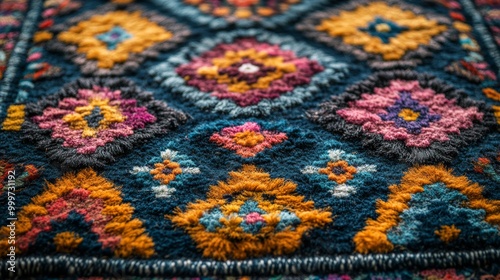 Detailed view of colorful geometric patterned rug, traditional textile art design. Cultural heritage and craftsmanship concept