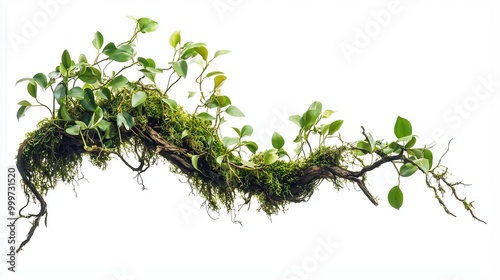Fototapeta Naklejka Na Ścianę i Meble -  one single green tropical jungle tree branch with moss and vines isolated on white background