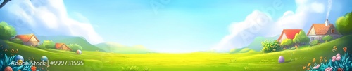 A vibrant landscape features colorful houses surrounded by lush green fields, blooming flowers, and decorated Easter eggs, perfect for spring-themed designs, holiday promotions