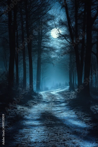 A mystical night scene featuring a winding path through a dark forest illuminated by moonlight, creating an eerie yet enchanting atmosphere, Ideal for use in fantasy themes or nature-related projects