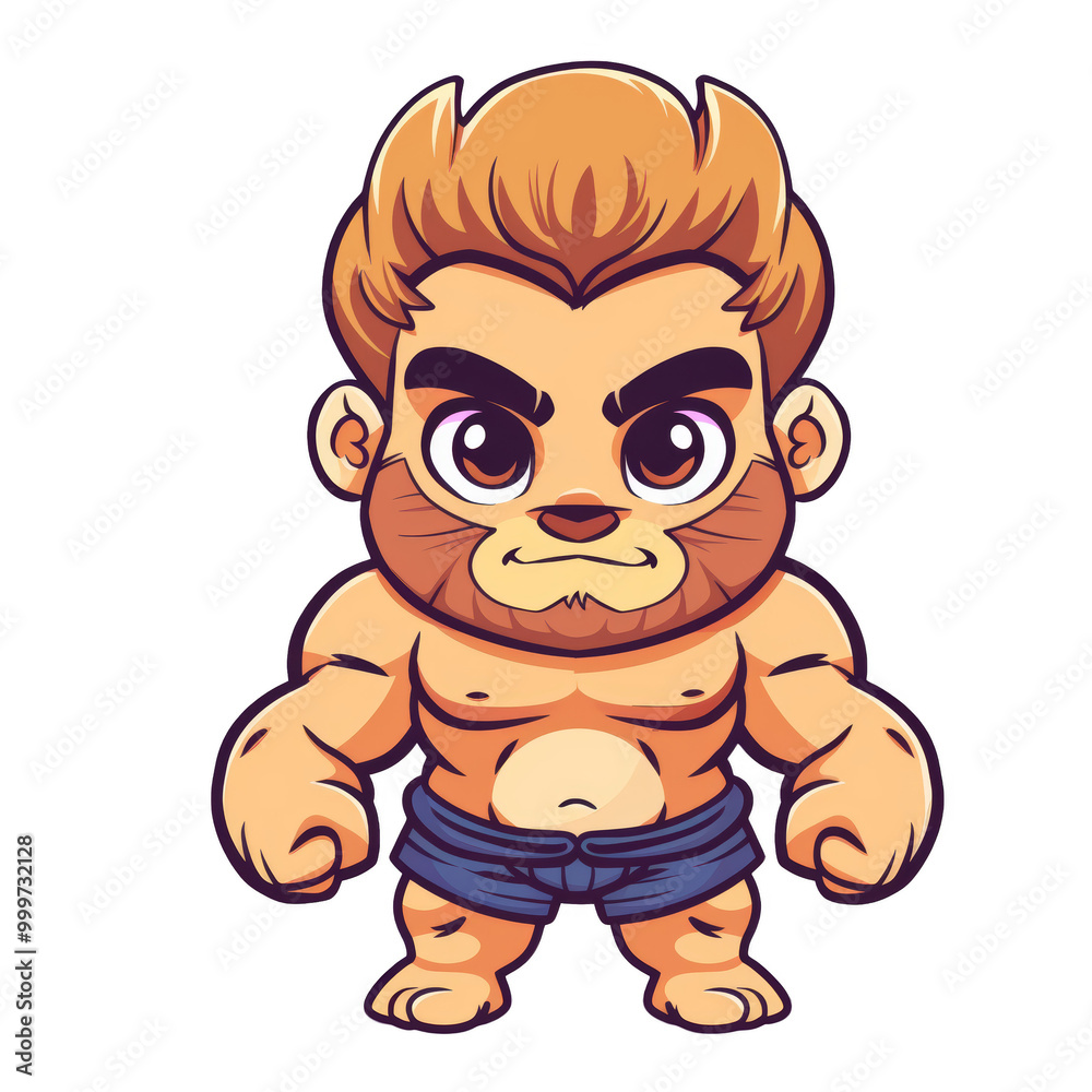Naklejka premium Cartoon illustration of a muscular man with a beard and short blue shorts standing with his fists clenched.