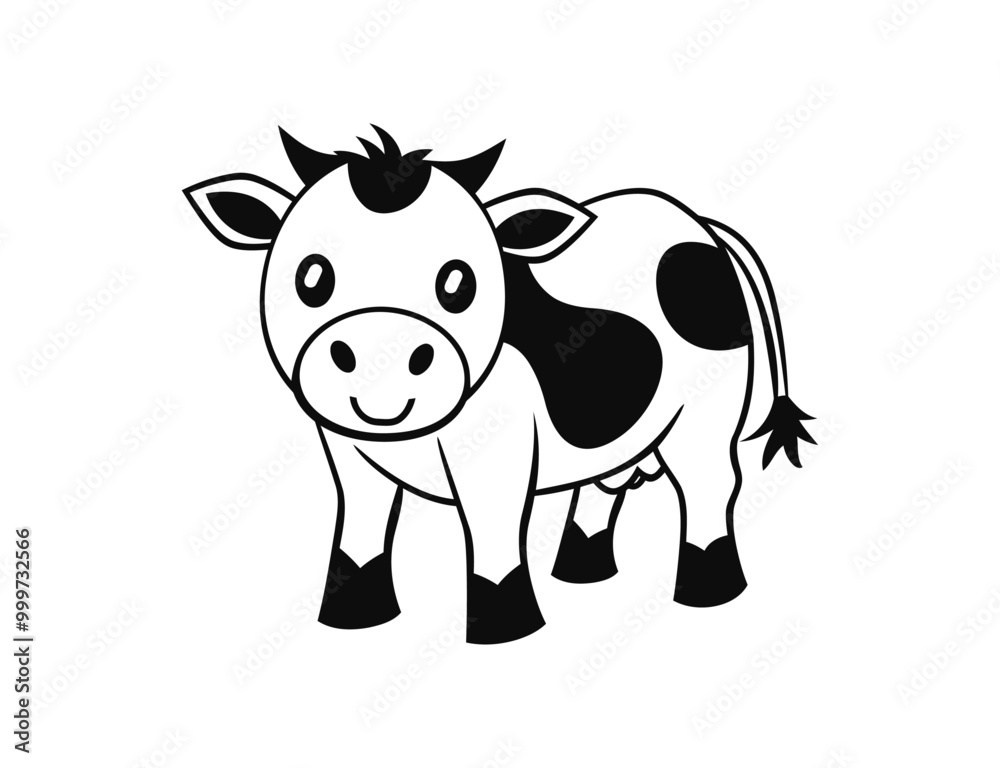 A charming black-and-white cartoon cow illustration with large round eyes and a smiling expression. The simple, cute design makes this animal drawing perfect for children's content A charming black-and-white cartoon cow illustration with large round eyes and a smiling expression. The simple, cute design makes this animal drawing perfect for children's content