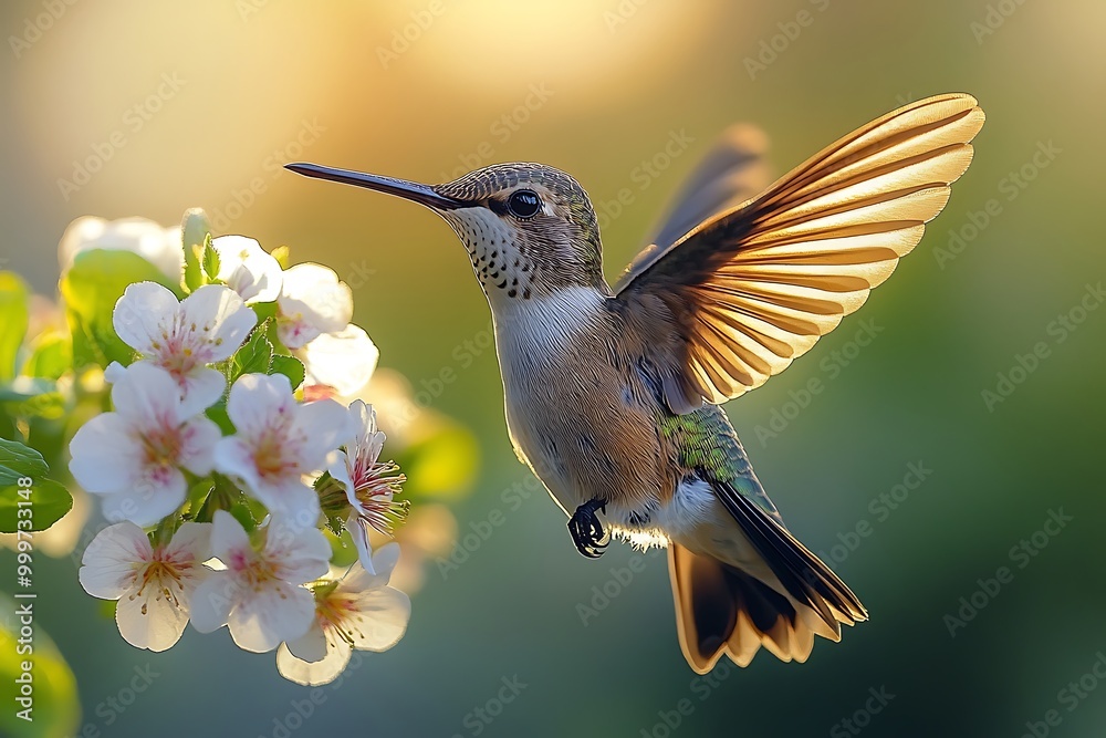 Fototapeta premium Hummingbird in flight collecting nectar from a white flower