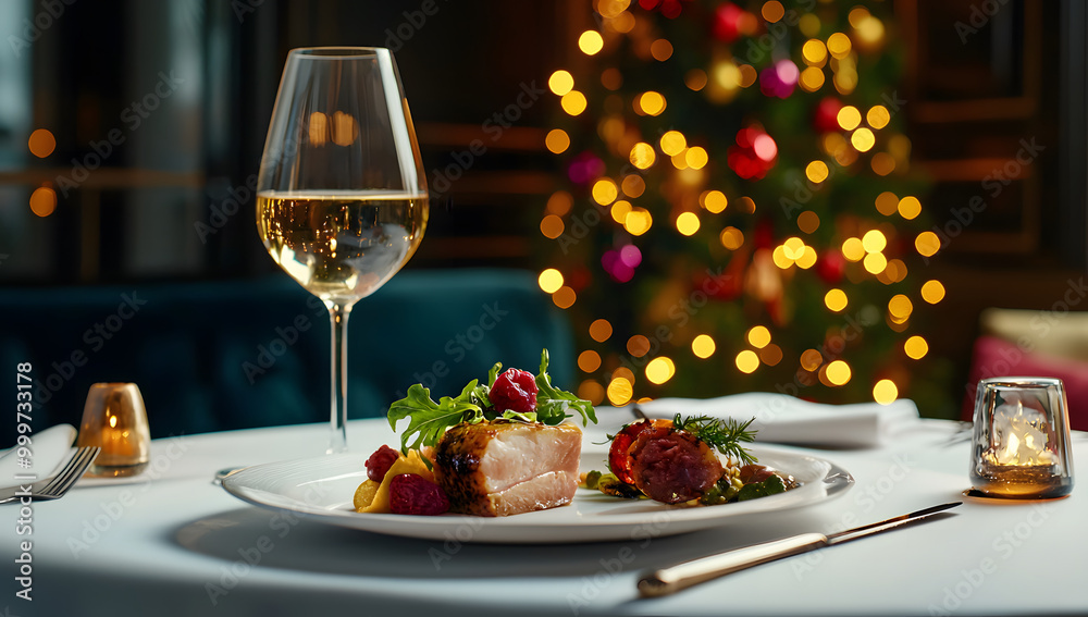 A festive Christmas dinner table setting with gourmet dishes, champagne, and a delicious assortment of meat and fresh vegetables, an atmosphere of elegance for the New Year's Eve celebration. A festive Christmas dinner table setting with gourmet dishes, champagne, and a delicious assortment of meat and fresh vegetables, an atmosphere of elegance for the New Year's Eve celebration.