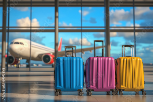 A vibrant 3D rendering of colorful suitcases lined up in an airport terminal, with a sleek airplane visible through the large glass windows, capturing the excitement of travel photo