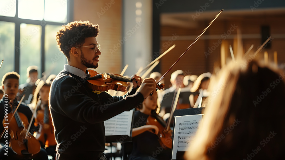 Fototapeta premium A music teacher conducting a multiethnic school orchestra during rehearsal, capturing the dynamic interaction between the teacher and the young musicians