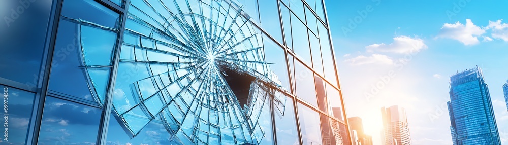 Close-up of a broken glass window on a modern skyscraper with a cityscape in the background under a bright blue sky. Close-up of a broken glass window on a modern skyscraper with a cityscape in the background under a bright blue sky.