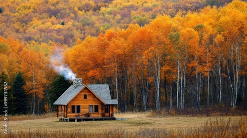 A cozy log cabin surrounded by vibrant autumn foliage and a serene landscape.