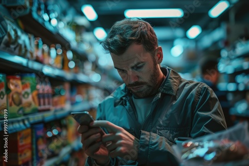 A person browsing their phone in a grocery store, highlighting the impact of technology on daily life