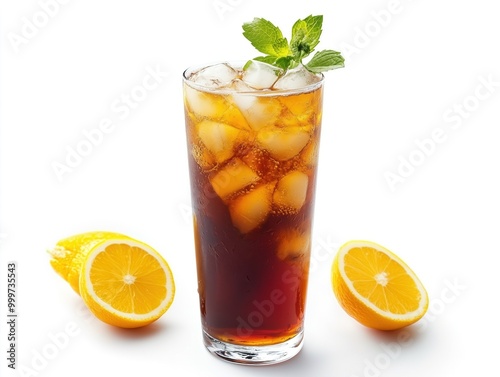 Long Island ice tea cocktail with vodka, rum, tequila, gin, liquor, lemon juice, cola and ice, garnished with lemon slice and mint in highball glass, isolated on white