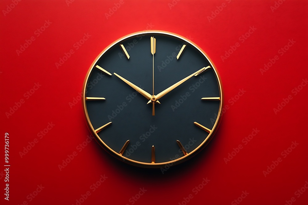 A modern clock with a black face and gold hands on a red background A modern clock with a black face and gold hands on a red background