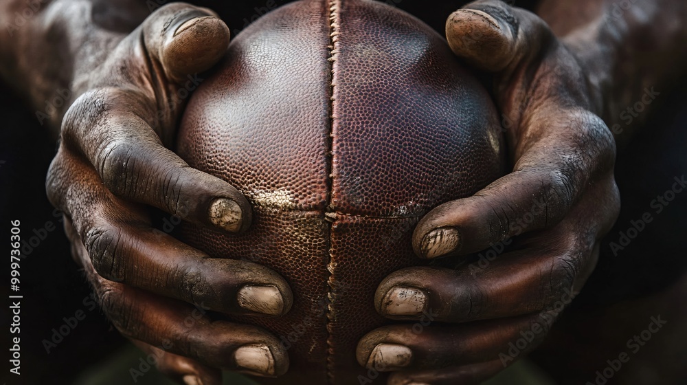 Close-up of a weathered hand holding a worn leather football. Close-up of a weathered hand holding a worn leather football.
