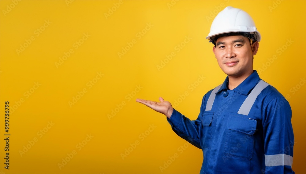ai generative of a project foreman wearing a white helmet and coolie work clothes is introducing a product from his company ai generative of a project foreman wearing a white helmet and coolie work clothes is introducing a product from his company
