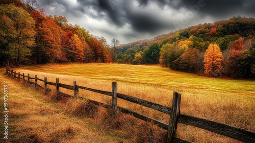 A serene autumn landscape with vibrant foliage and a rustic wooden fence.