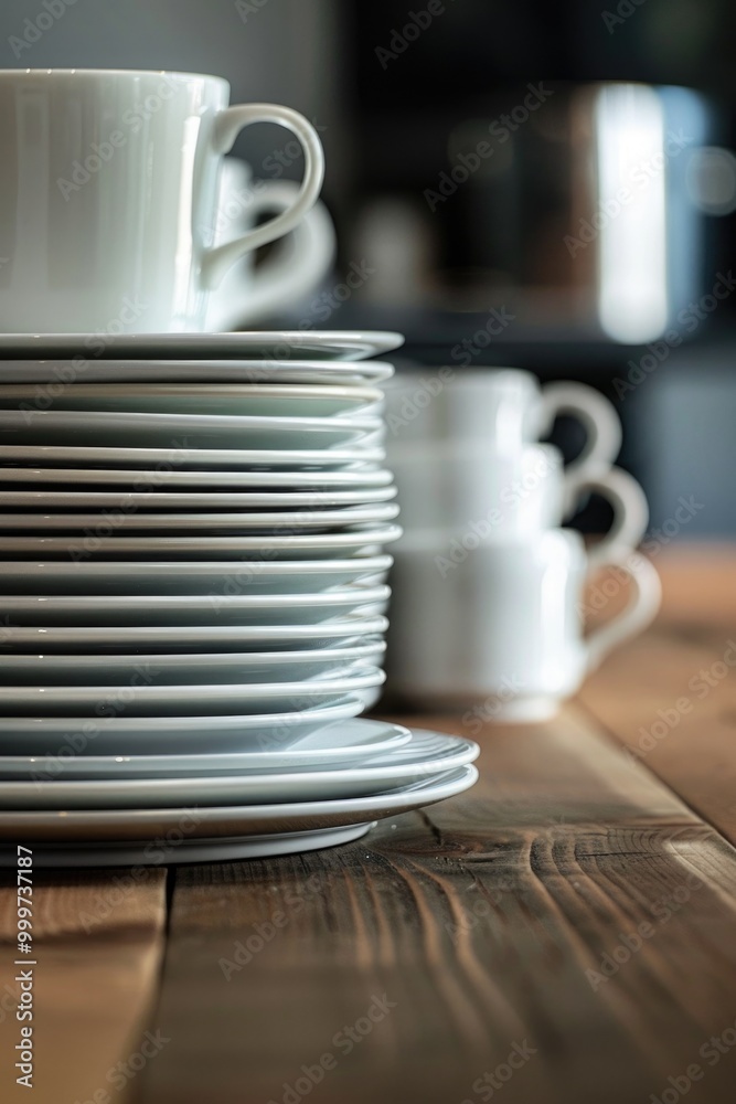 A stack of white plates and cups on a wooden table, perfect for outdoor or rustic themed events