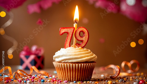 Birthday cupcake with burning lit candle with number 79. Number seventy-nine for seventy-nine years or seventy-ninth anniversary. photo