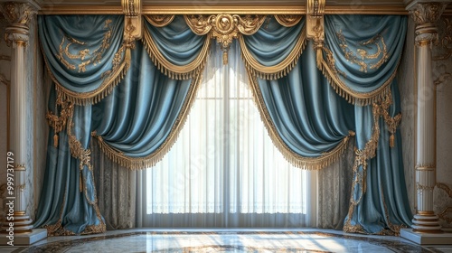 Luxurious, silk curtains with golden trim create an elegant and sophisticated look in a richly decorated room, set against a realistic background