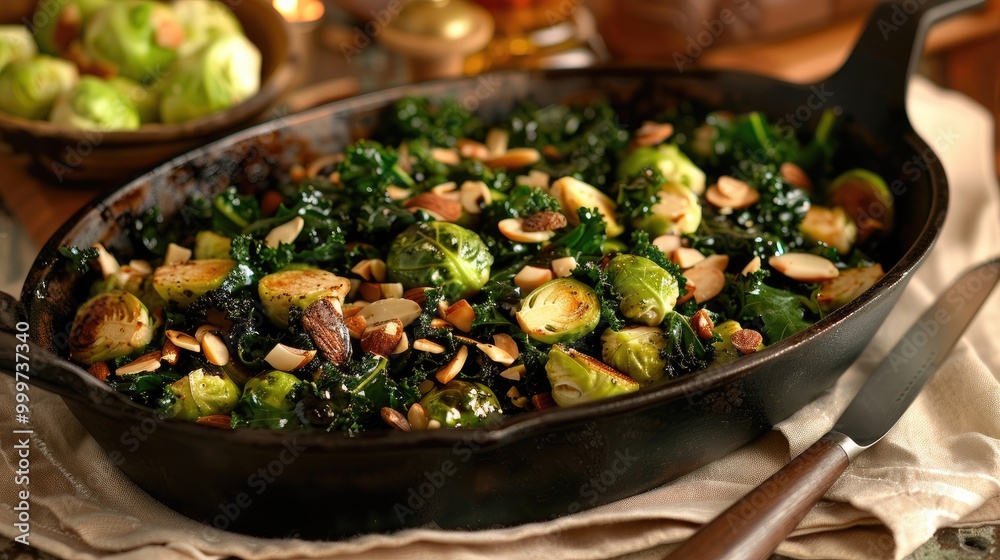 Saut?(C)ed kale and brussels sprouts with toasted almonds and balsamic glaze. Saut?(C)ed kale and brussels sprouts with toasted almonds and balsamic glaze.