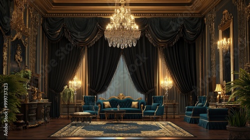 Luxurious velvet curtains in deep tones enhance the elegance of a grand room, with chandeliers and antique furnishings in a realistic background