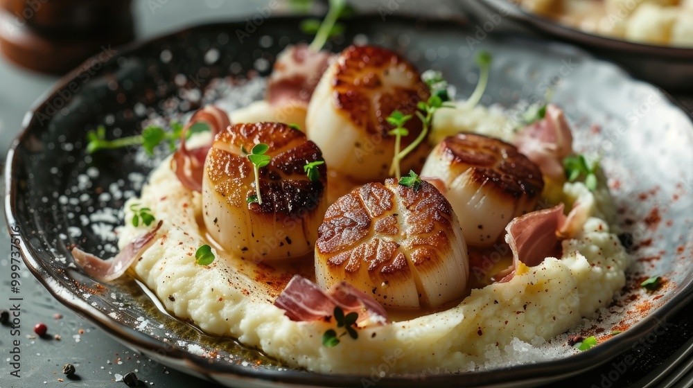 Seared sea scallops with a creamy cauliflower puree and crispy prosciutto.