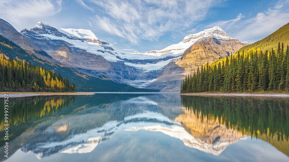 A serene mountain landscape with a reflective lake and lush forests under a clear sky. A serene mountain landscape with a reflective lake and lush forests under a clear sky.