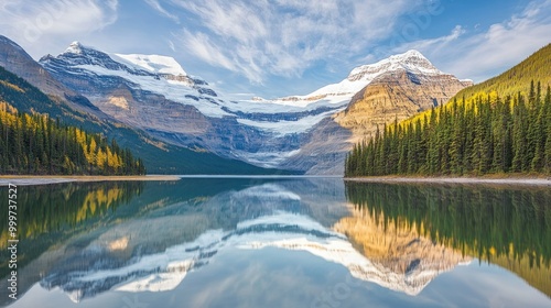 A serene mountain landscape with a reflective lake and lush forests under a clear sky.