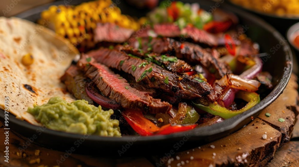 Sizzling steak fajitas with grilled bell peppers and onions, served with warm tortillas, guacamole, and pico de gallo, accompanied by a side of elote (grilled corn with cotija cheese and chili powder) Sizzling steak fajitas with grilled bell peppers and onions, served with warm tortillas, guacamole, and pico de gallo, accompanied by a side of elote (grilled corn with cotija cheese and chili powder)