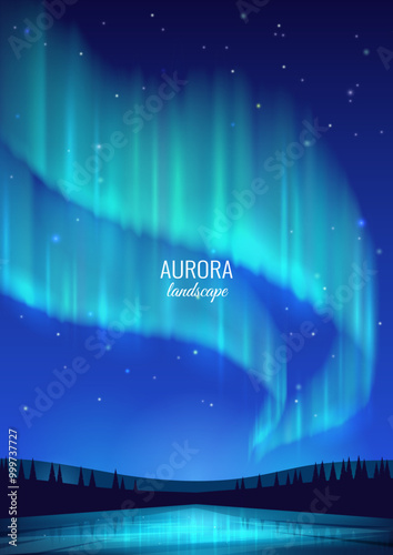 Aurora over the lake. Realistic glow on the night sky. Beautiful background view. Vector image.