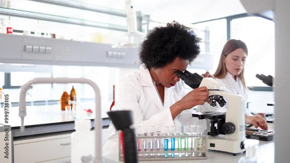 African American female scientist working at the lab and examining some samples on the microscope