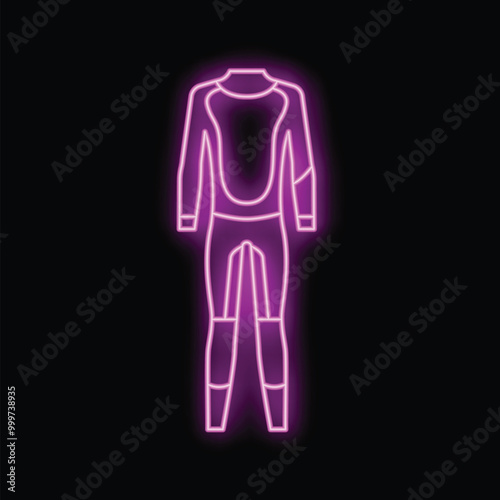 Neon sign illustrating a wetsuit glowing purple on a dark background