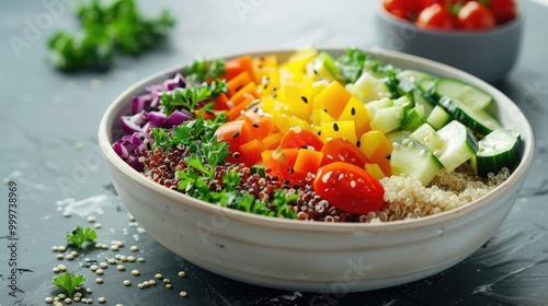 Vibrant rainbow salad bowl with fresh vegetables and quinoa.