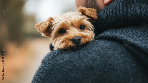 Cozy Canine Cuddle Adorable Yorkkie Pup Nestled in Owner s Arms