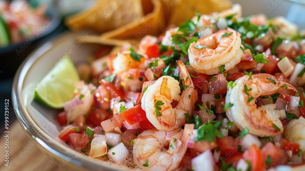 Vibrant shrimp ceviche with diced tomatoes, onions, cilantro, and a squeeze of fresh lime juice, served with crispy tortilla chips Vibrant shrimp ceviche with diced tomatoes, onions, cilantro, and a squeeze of fresh lime juice, served with crispy tortilla chips