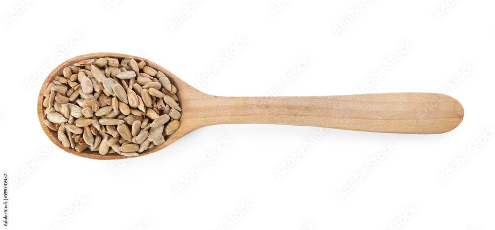 Peeled sunflower seeds in wooden spoon isolated on white, top view Peeled sunflower seeds in wooden spoon isolated on white, top view