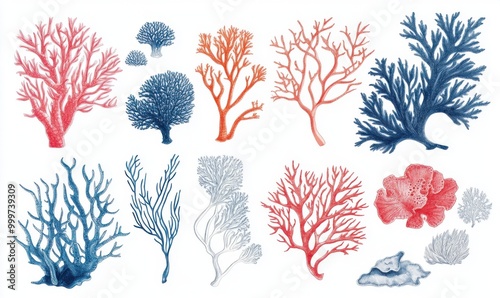 A collection of coral illustrations in various shades, including reds and blues, on a white background.