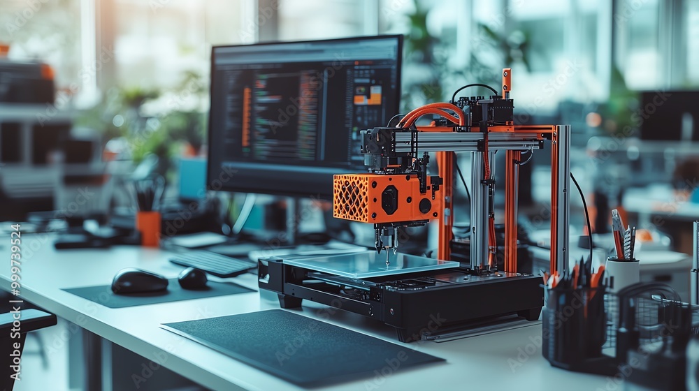 3D printer creating an office tool on a desk filled with IT gadgets, showcasing technological advancements, office innovation, 3D printing 3D printer creating an office tool on a desk filled with IT gadgets, showcasing technological advancements, office innovation, 3D printing