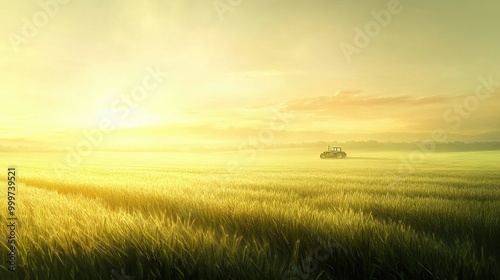 A serene landscape featuring a tractor in a golden field during sunrise.